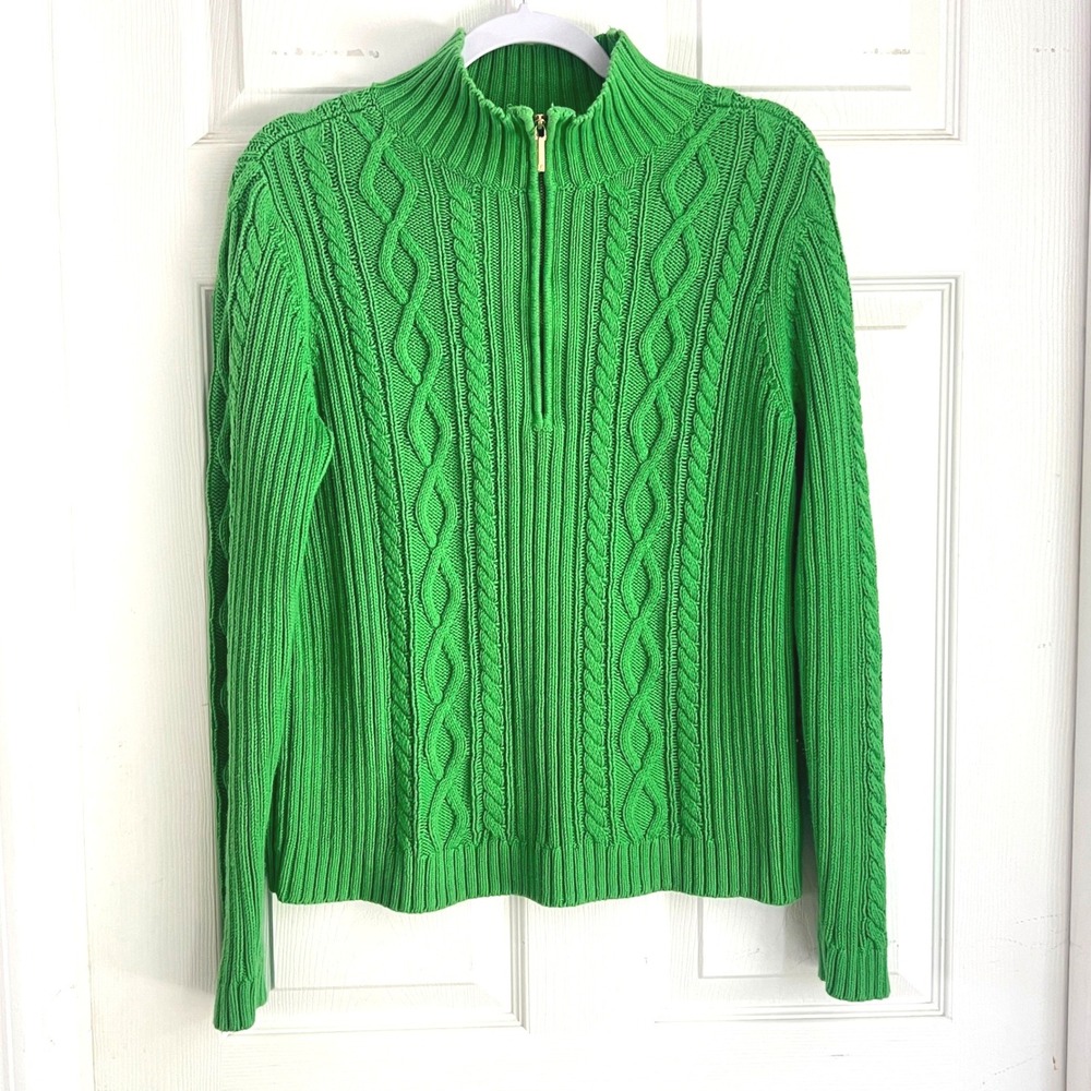 Chaps Quarter Zip Sweater L Womens Cable Knit Green Mock Neck Preppy Classic